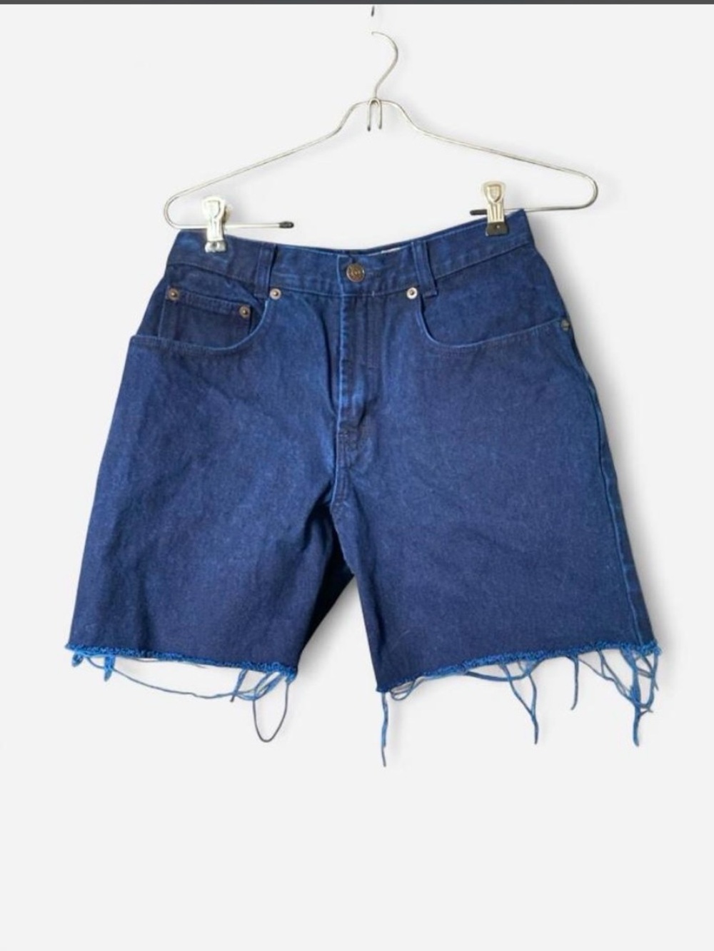 High-Rise Dark Blue Denim Jean Shorts with Frayed Hem